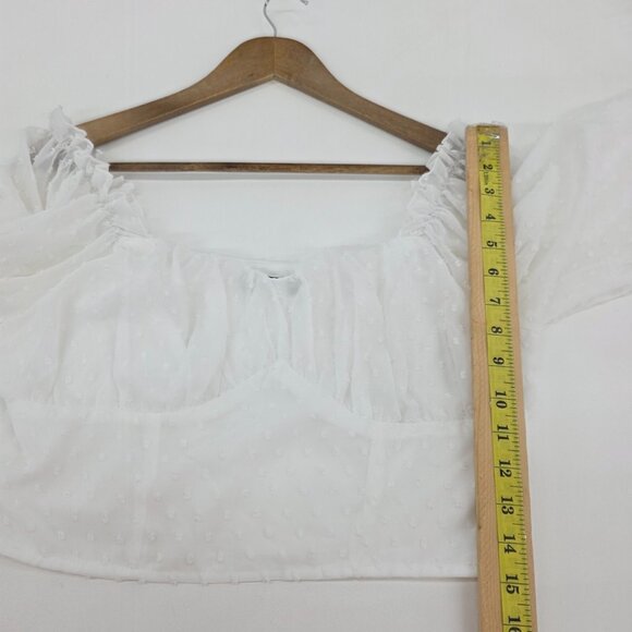 White Chiffon Swiss Dot Milkmaid Top Size L Lantern Sleeve Crop Ruched Bust - Picture 11 of 12